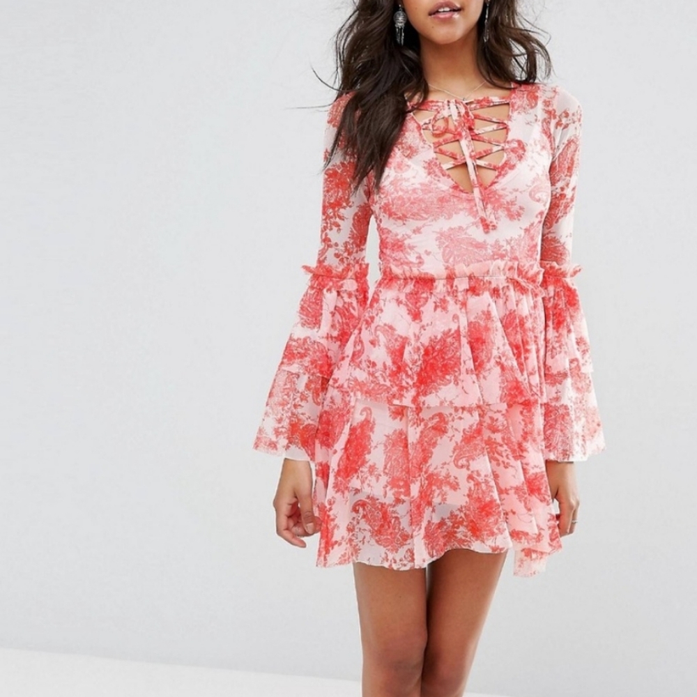 Red and White Floral Ruffle NWT Sheer Statement Dress
